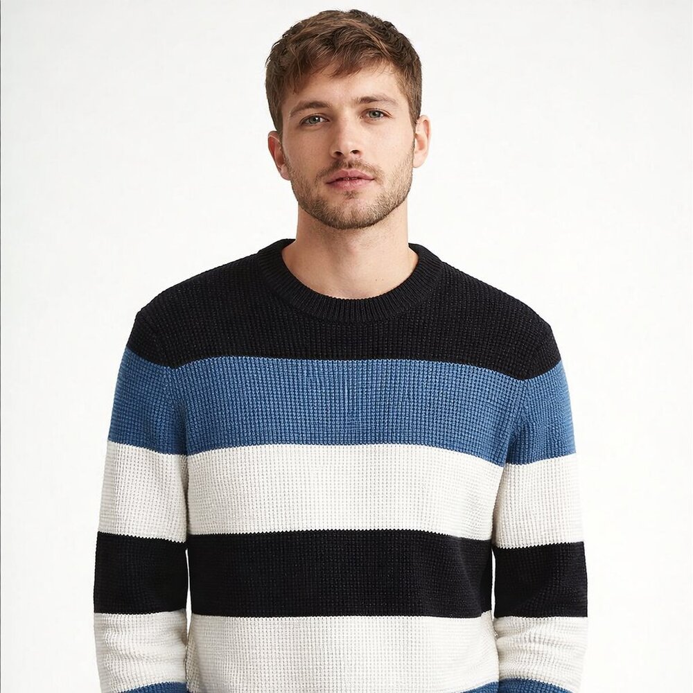 H&M Men's Crewneck Sweater - Black, Blue, and White Stripes